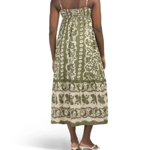 NWT Japna Floral Green Tropical Linen Blend Maxi Boho Dress Size L - Picture 2 of 11